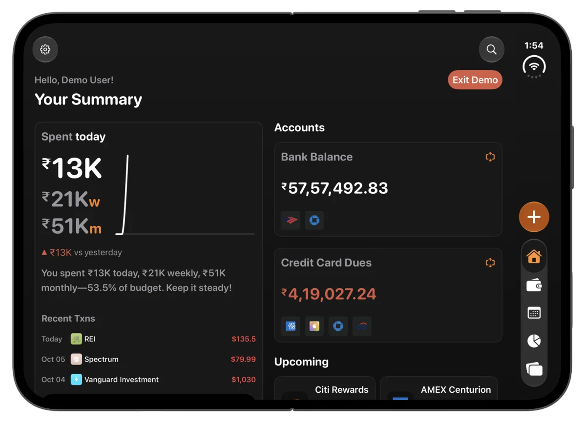 The open landscape layout shows the spending summary beside account balances and upcoming payments.